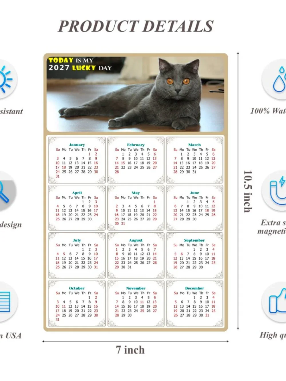 2027 Magnetic Calendar - Today is my Lucky Day - Cat Themed 014 (7 x 10.5)